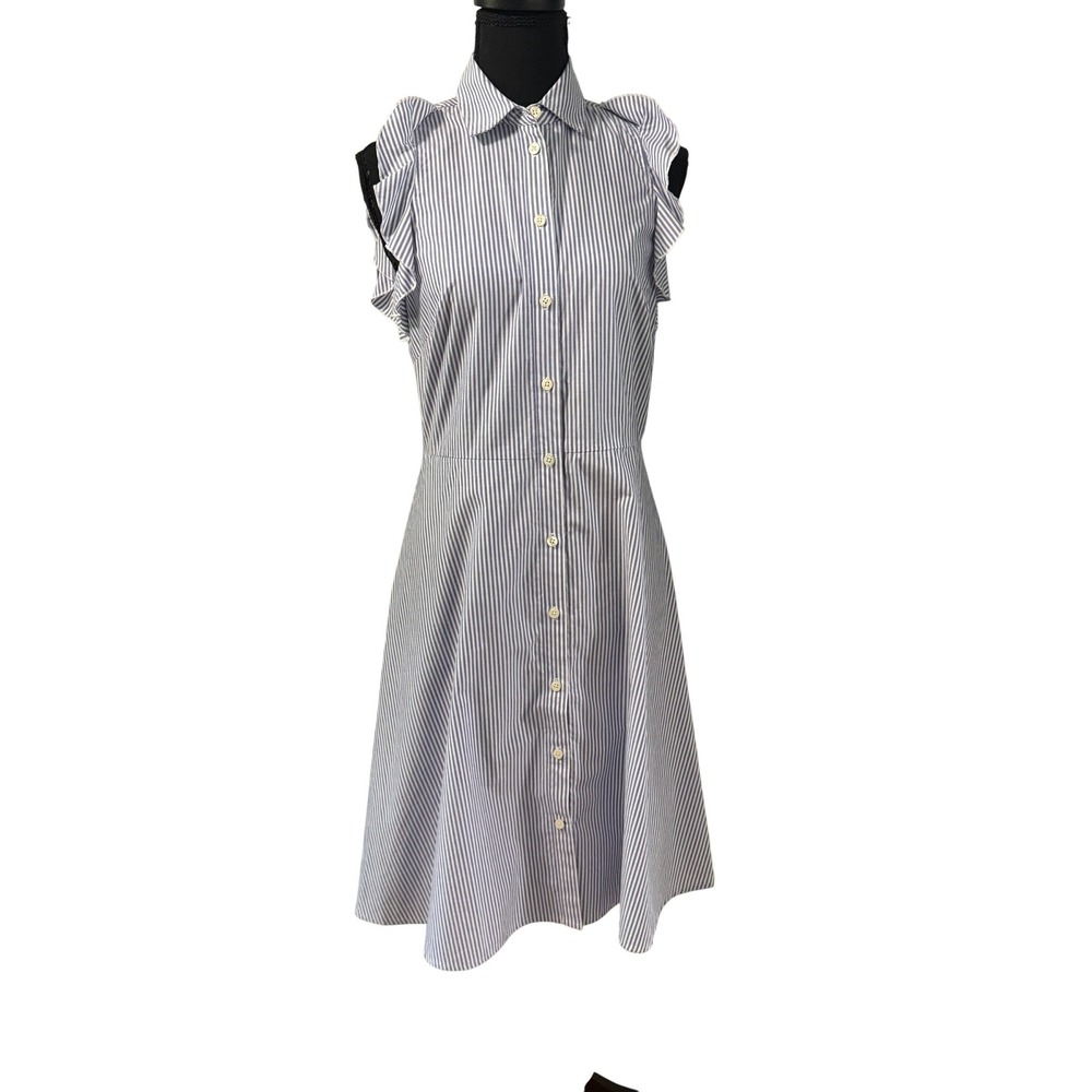 Kate Spade Broome Street Blue‎ White Striped Ruffle Sleeve  Shirt Dress Sz 2